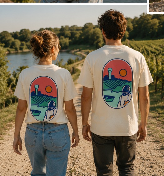 Un homme et une femme portant les t-shirts GUSTAVE & ALICE au bord de la Sèvre